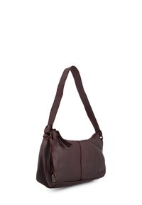 Burgundy leather handbag with smooth and textured areas, featuring a zip closure and a wide shoulder strap for comfortable carrying.