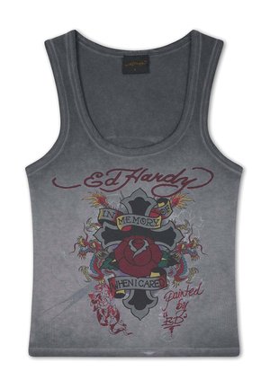 Canottiera grigia senza maniche Ed Hardy con design in stile tatuaggio che presenta una rosa, una croce, draghi e il testo "In Memory Of When I Cared."