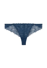 String en dentelle bleu marine avec motif floral, bords festonnés et une structure légère, au design simple et avec des accents matériels minimalistes.