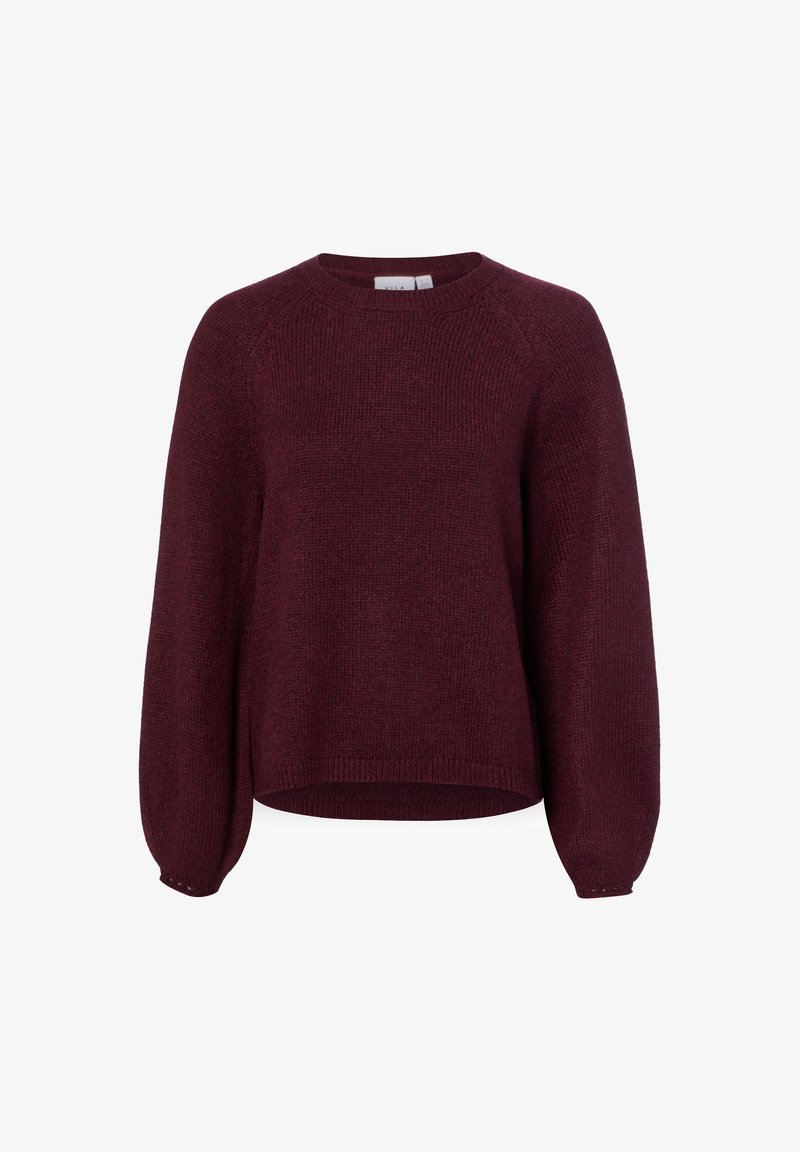 Pull tricoté à manches longues, de couleur bordeaux foncé, avec un col rond et des manches légèrement bouffantes, isolé sur fond blanc.