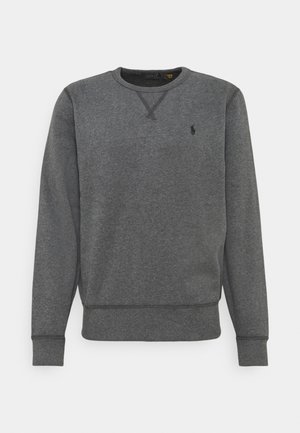 Ciemnoszara bluza z długim rękawem i okrągłym dekoltem, z żebrowanymi mankietami i dołem, ozdobiona małym czarnym wyszywanym logo na lewej piersi.