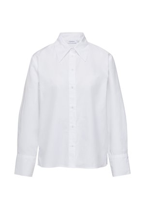 White long-sleeve button-up shirt with a spread collar, made of smooth fabric. Features a relaxed fit and slightly dropped shoulders.