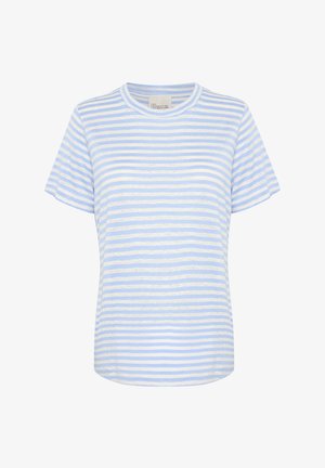 Randig kortärmad t-shirt i ljusblått och vitt, med rund halsringning och en avslappnad passform. Mjuk tyg med en slät textur.