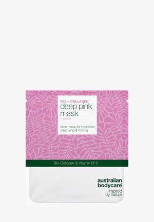 Kasvomaskipakkaus, jossa on vaaleanpunainen lehtikuvio, merkitty tekstillä "B12 + Collagen deep pink mask" kosteutukseen, puhdistukseen ja kiinteyttämiseen, valmistajana Australian Bodycare.