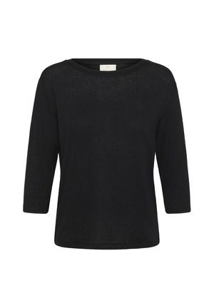 Top negru, ușor, cu o croială relaxată, decolteu rotund și sleeves până la trei sferturi. Textură moale, cu detalii minime.