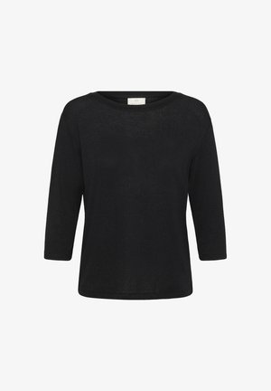 Top negru, ușor, cu o croială relaxată, decolteu rotund și sleeves până la trei sferturi. Textură moale, cu detalii minime.