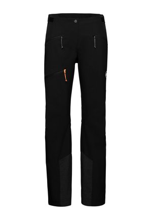 Schwarze Outdoor-Hosen mit glatter Textur, orangen Akzenten am Reißverschluss, zwei Fronttaschen und verstärkten unteren Beinen aus einem gemusterten Stoff.