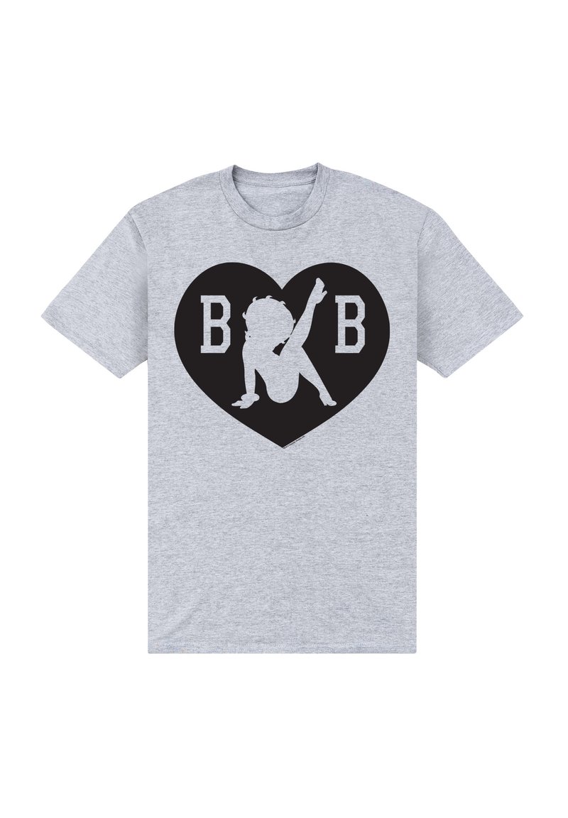 Camiseta de algodón gris con un diseño de corazón negro con las letras "B B" y una silueta gráfica en su interior, que muestra una pose juguetona.