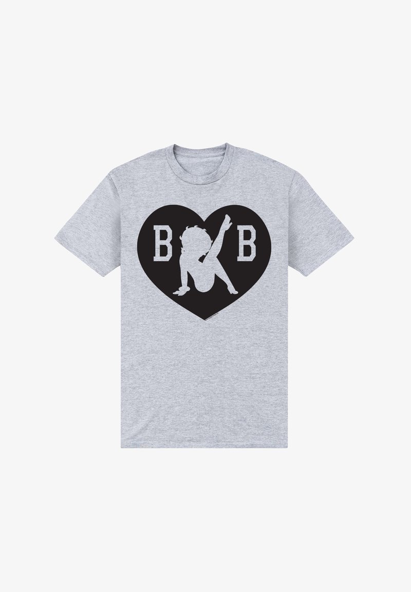 Camiseta de algodón gris con un diseño de corazón negro con las letras "B B" y una silueta gráfica en su interior, que muestra una pose juguetona.