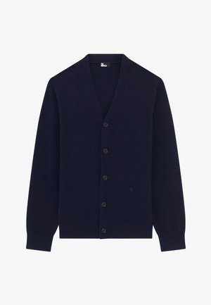 Cardigan blu navy realizzato in tessuto morbido, con scollatura a V, sei bottoni frontali e maniche lunghe con polsini a coste. Dettaglio del logo notevole.