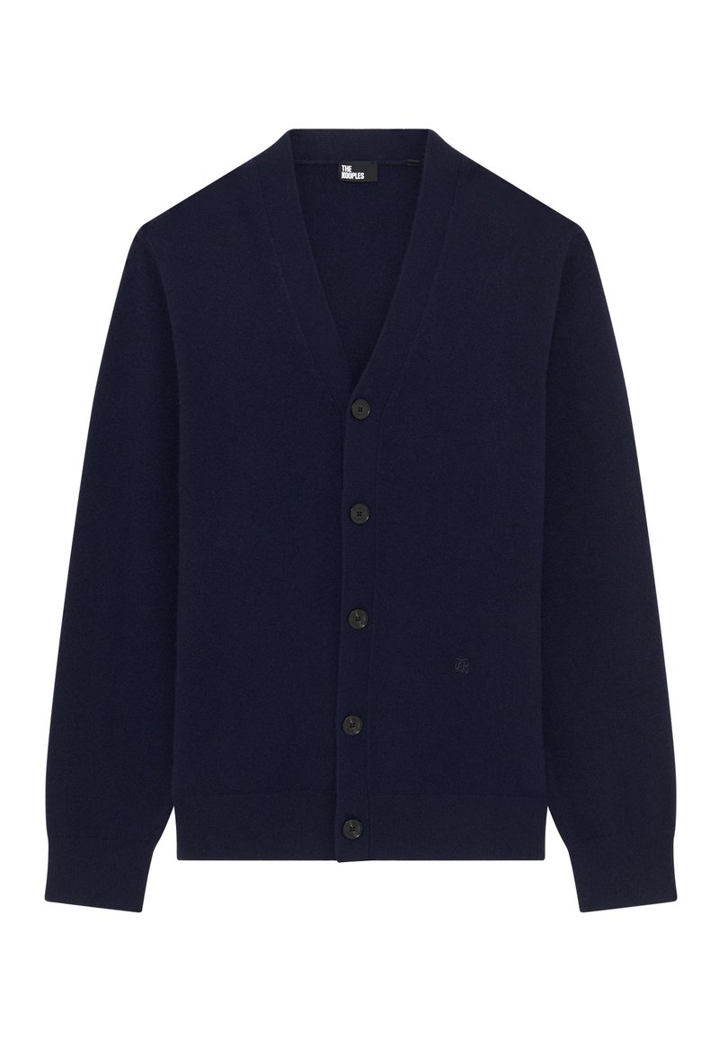 Navy blue cardigan made of soft fabric, featuring a v-neckline, six front buttons, and long sleeves with ribbed cuffs. Notable logo detail.