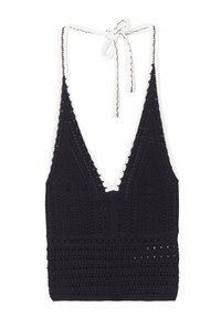 Débardeur en crochet noir avec un décolleté en V profonds et des bordures blanches. Présente une fermeture à lacer à l'arrière et des motifs texturés sur l'ensemble.