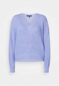 Jasnofioletowy dzianinowy sweter z dekoltem w serek, długimi rękawami i prążkowanymi mankietami. Charakteryzuje się teksturowaną tkaniną i luźnym krojem.