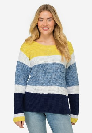 Gestreifter Strickpullover mit horizontalen Streifen in Gelb, Weiß, Blau und Marineblau. Weit geschnittener Ausschnitt und lange Ärmel mit gerippten Bündchen.