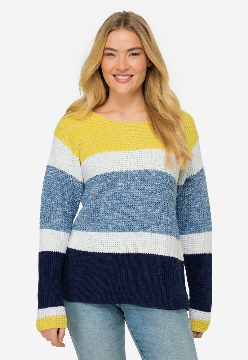 Stickad tröja med horisontella ränder i gult, vitt, blått och marinblått. Vid halsringning och långa ärmar med ribbade muddarna.