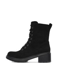 Botine din suede negru, cu vârful rotund, cu șireturi în față și toc gros. Talpă texturată pentru aderență, cu detalii minime de cusătură.