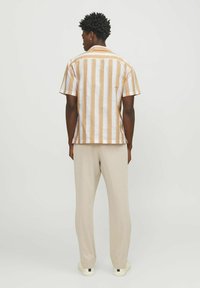 Korte mouwen, knoopsluiting shirt met verticale strepen in roomwit en lichtbruin, gemaakt van lichtgewicht stof. Gecombineerd met beige, relaxte broek.