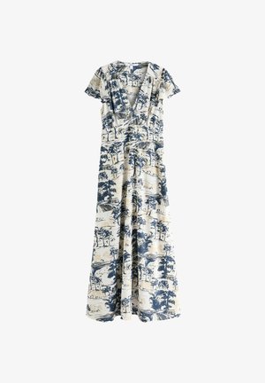 Abito maxi con stampa floreale e maniche corte a volant, caratterizzato da una combinazione di colori blu e crema, scollatura a V e una gonna fluente.
