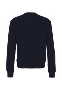 Granatowy bawełniany sweatshirt, okrągły dekolt, długie rękawy, ściągacze na mankietach i u dołu, gładki wzór, miękka faktura, bez widocznych logo lub akcentów.