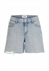 Denimshorts i ljusblått, med fransad fåll, subtil slitage, fem fickor och silverfärgad knappstängning fram.