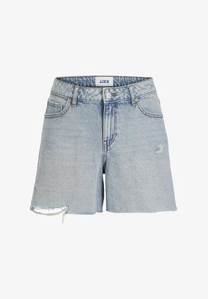 Shorts en denim bleu clair, avec un ourlet effiloché, un léger effet usé, cinq poches et une fermeture à bouton argenté à l'avant.