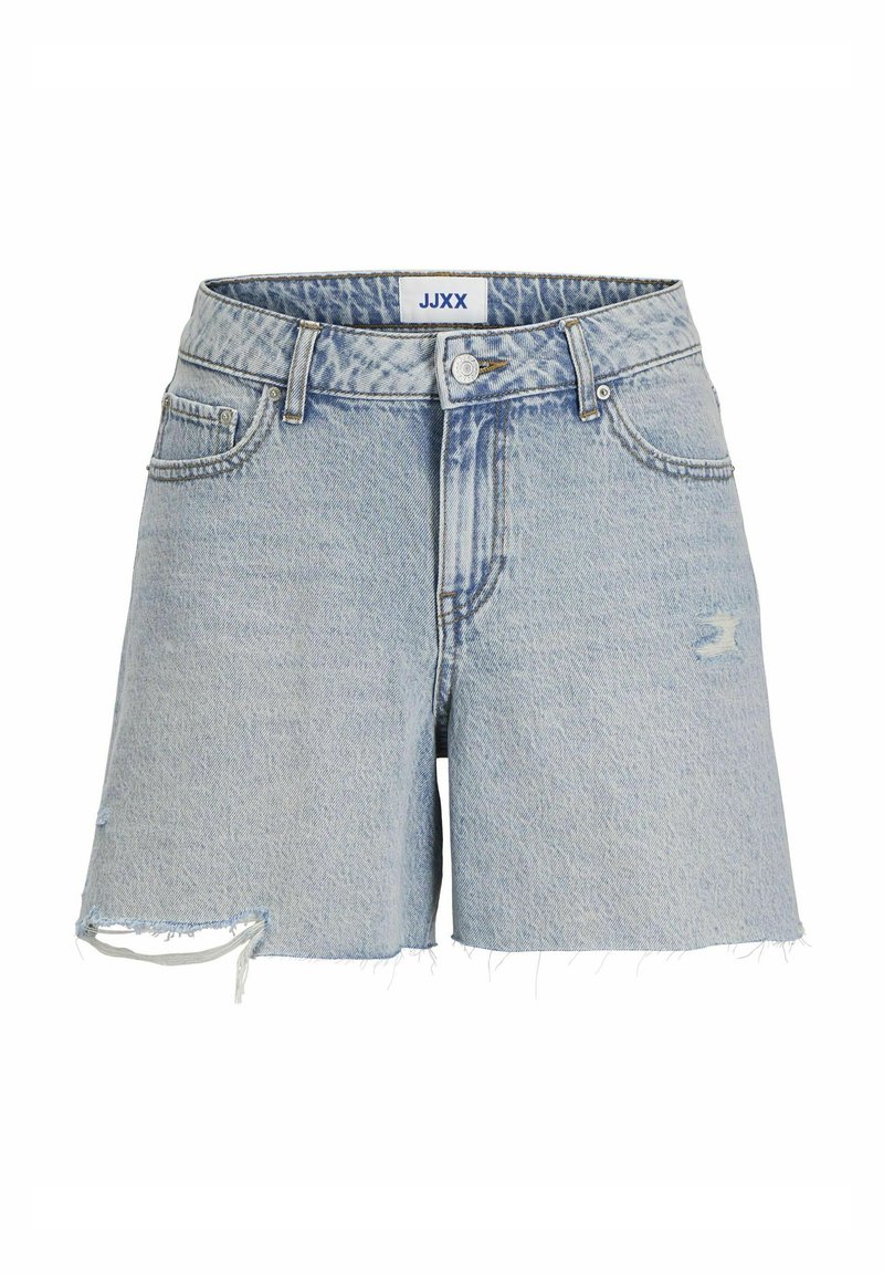 Denimshorts i ljusblått, med fransad fåll, subtil slitage, fem fickor och silverfärgad knappstängning fram.