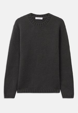 Dark grey knit sweater with a crew neckline, ribbed cuffs, and hem. The fabric has a textured appearance with a regular fit.