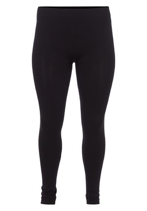 Black full-length fitted leggings with a high waistband, displayed against a white background.