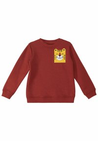 Roter Baumwollpullover mit langen Ärmeln, gerippten Bündchen und einem quadratischen gelben Aufnäher mit einem lächelnden Tigerkopf auf der Brust.