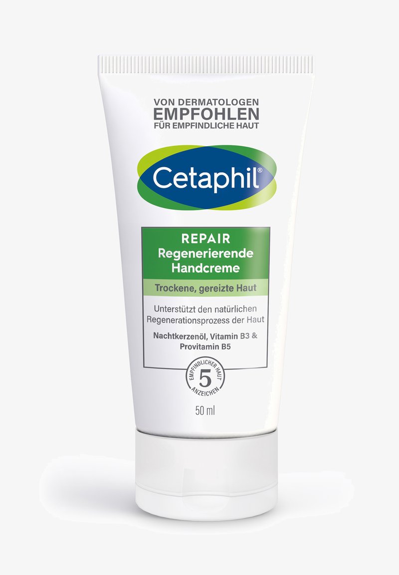 Cetaphil Repair regenerierende Handcreme für trockene, gereizte Haut mit Nachtkerzenöl, Vitamin B3, Provitamin B5, 50 ml Tube.