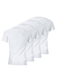 Quatre t-shirts blancs à manches courtes en coton. Avec un col rond et une texture lisse. Design uniforme sans motifs.