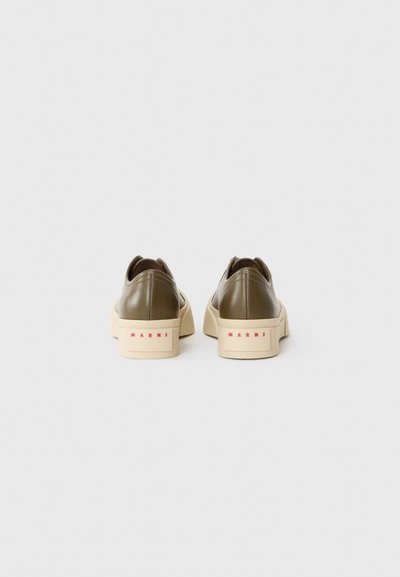 Olive green casual shoes with a beige sole and red "MARNI" logo displayed from the rear on a plain white background.