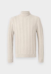 Maglione beige lavorato a maglia con un alto collo a costine. Presenta un motivo a treccia testurizzato e polsini e orlo a coste, offrendo un aspetto accogliente.