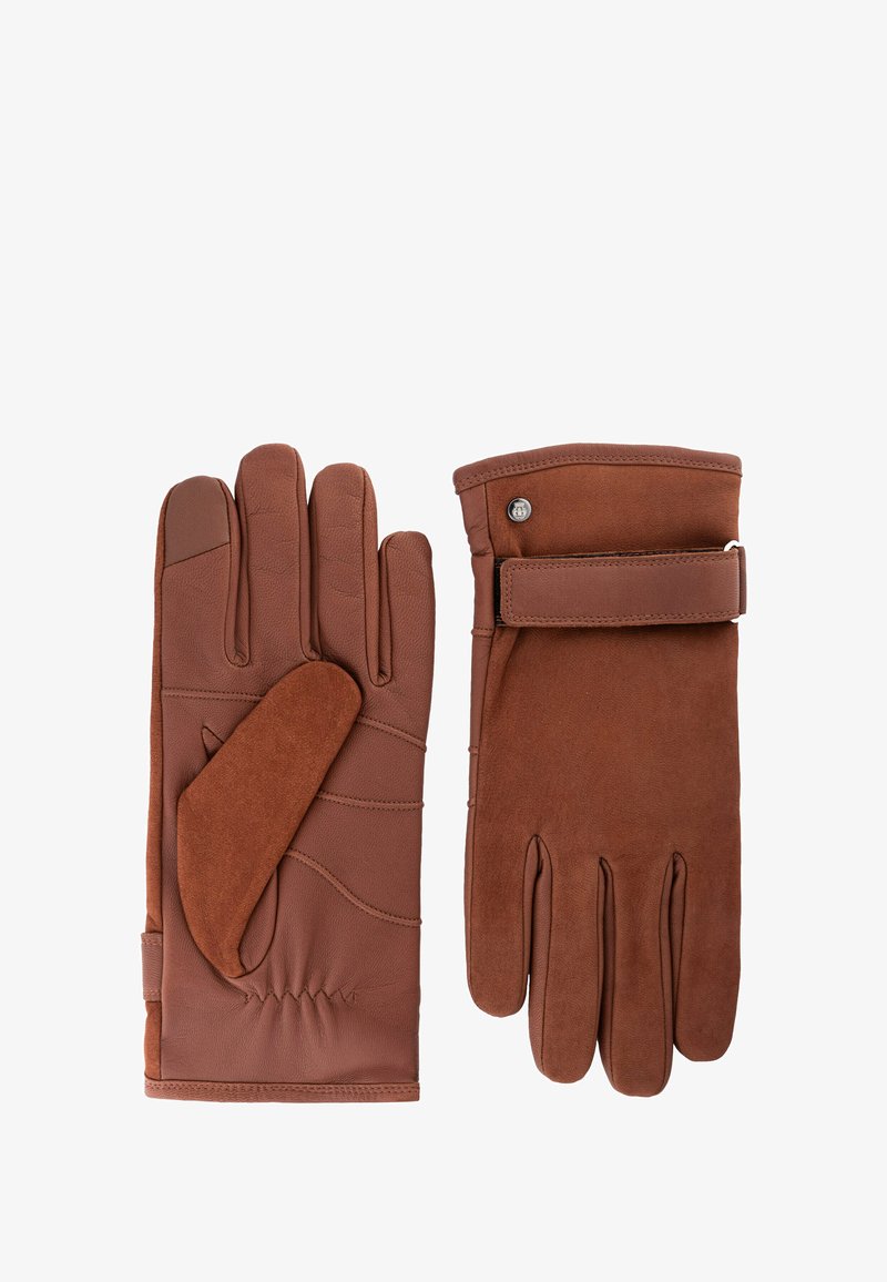 Gants en cuir marron avec une finition lisse et des accents doux en daim. Présentent des détails de couture et une fermeture par bouton-pression pour un ajustement sécurisé.