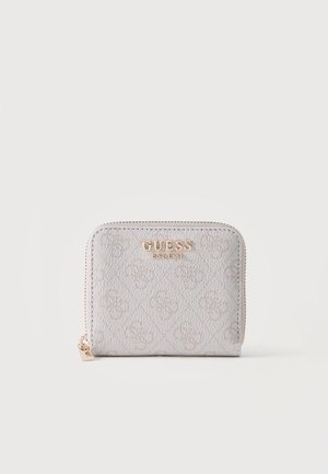 Small light gray Guess zip-around wallet with embossed logo pattern and gold Guess EST 1981 lettering on front.