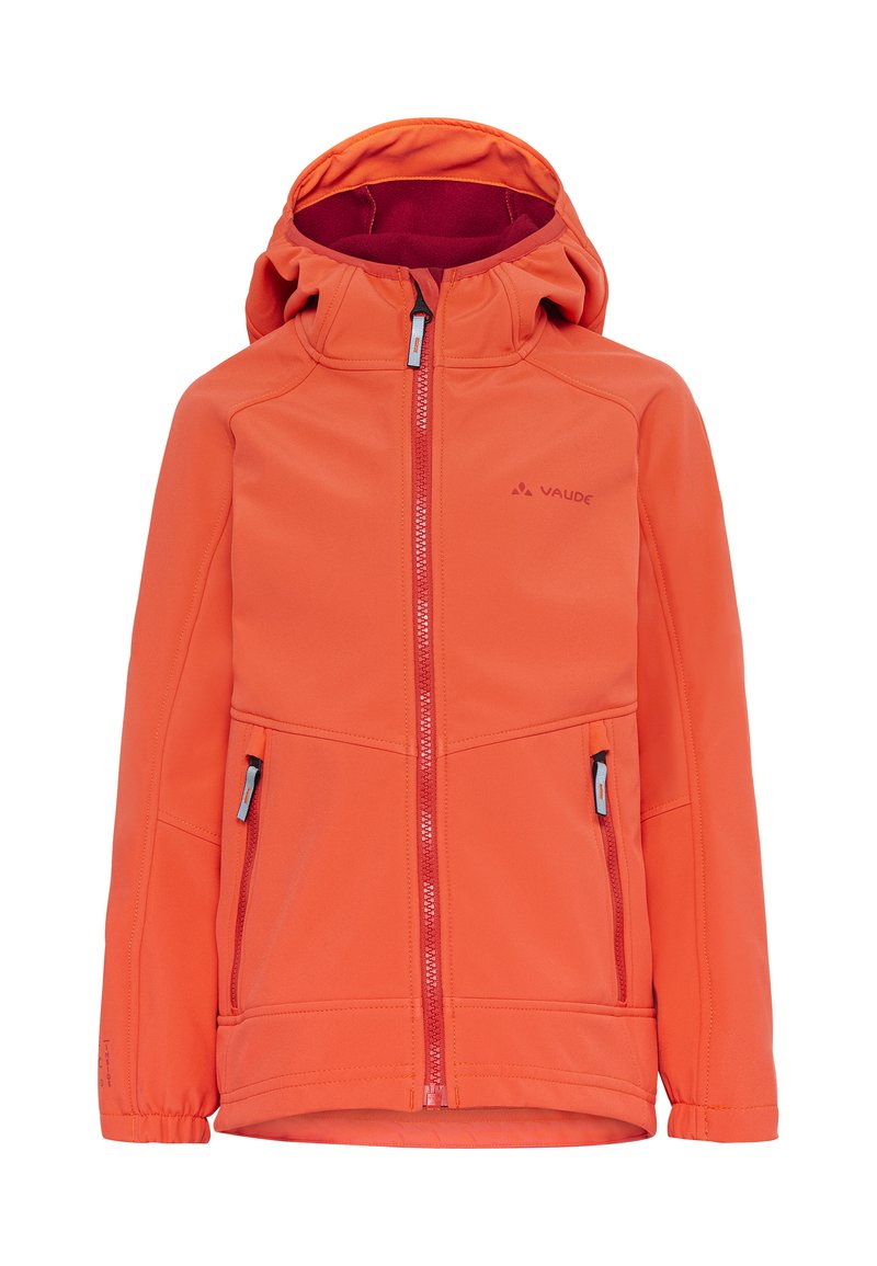 Orangenes Softshell-Jacke mit Kapuze, Frontreißverschluss und zwei Reißverschluss-Taschen. Besitzt eine glatte Textur und verstärkte Nähte.