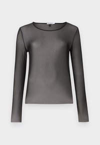 Svart långärmad topp i genomskinligt, lätt material; har rundad halsringning och åtsittande silhuett. Slät textur, minimal detaljering.