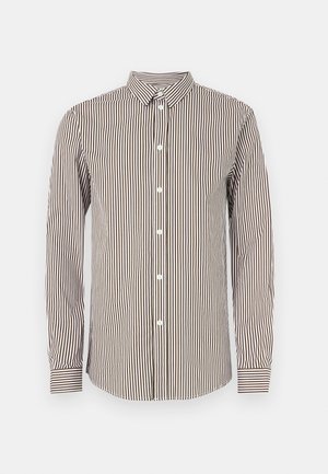 Brown and cream striped long-sleeve shirt with a button-down collar, featuring white buttons and patterned cuffs. Smooth fabric texture.