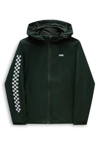 Ciemnozielona kurtka przeciwwiatrowa z kapturem, przednim zamkiem błyskawicznym, dwoma bocznymi kieszeniami oraz wzorem w kratę na lewym rękawie. Logo Vans na piersi.