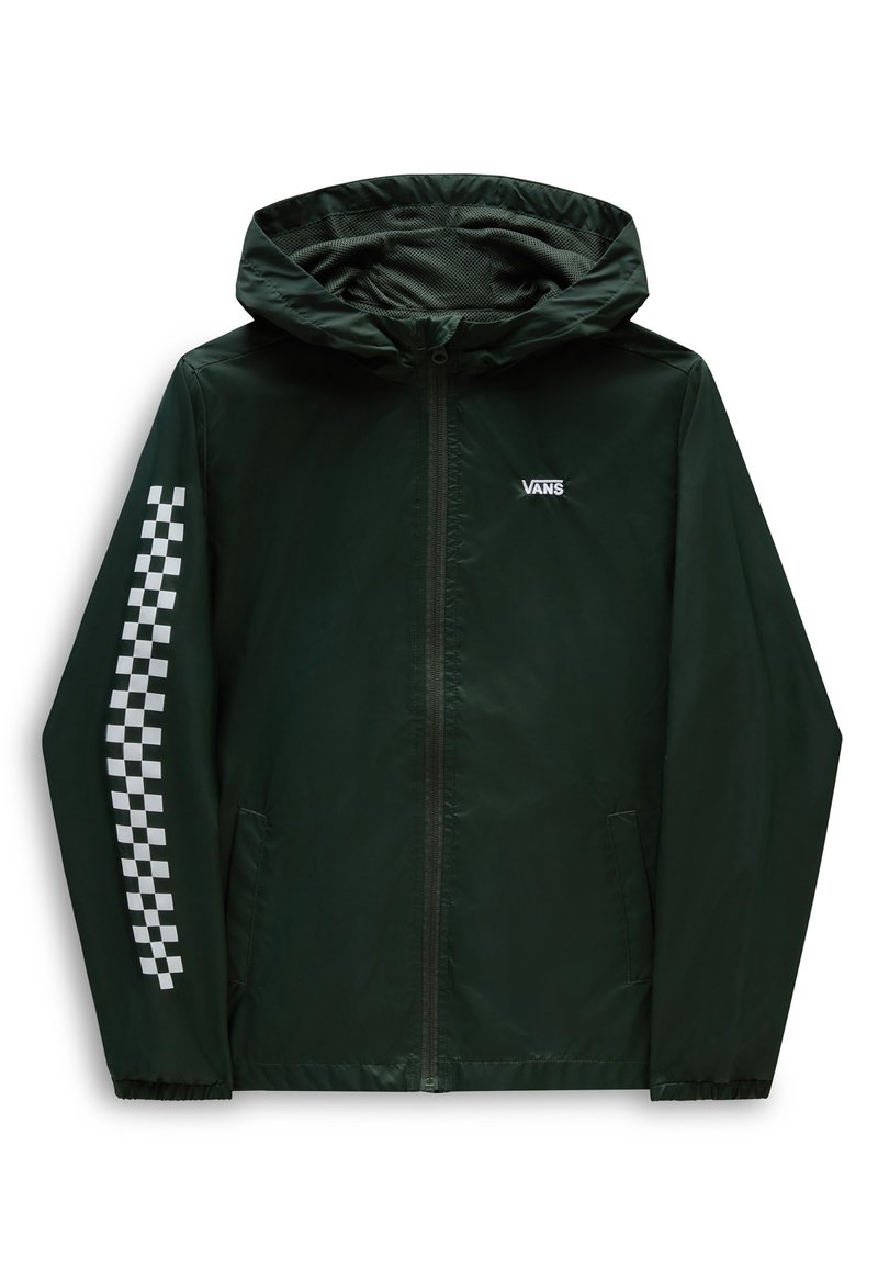 Ciemnozielona kurtka przeciwwiatrowa z kapturem, przednim zamkiem błyskawicznym, dwoma bocznymi kieszeniami oraz wzorem w kratę na lewym rękawie. Logo Vans na piersi.
