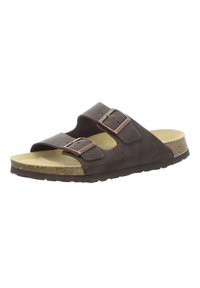 Brown leather slide sandal with two adjustable buckles, a cushioned insole, and a textured rubber outsole. Flat design with an open toe.
