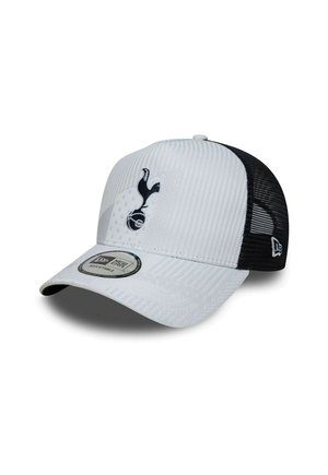 White and black mesh adjustable cap with a sports team logo on the front and a New Era brand label on the visor.