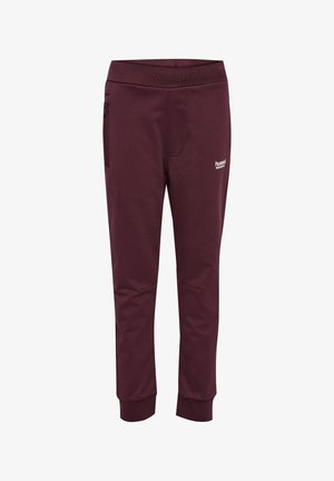 Bordeauxkleurige sportbroek van zachte stof, met een elastische tailleband, een ritszak aan de zijkant en getailleerde boorden.