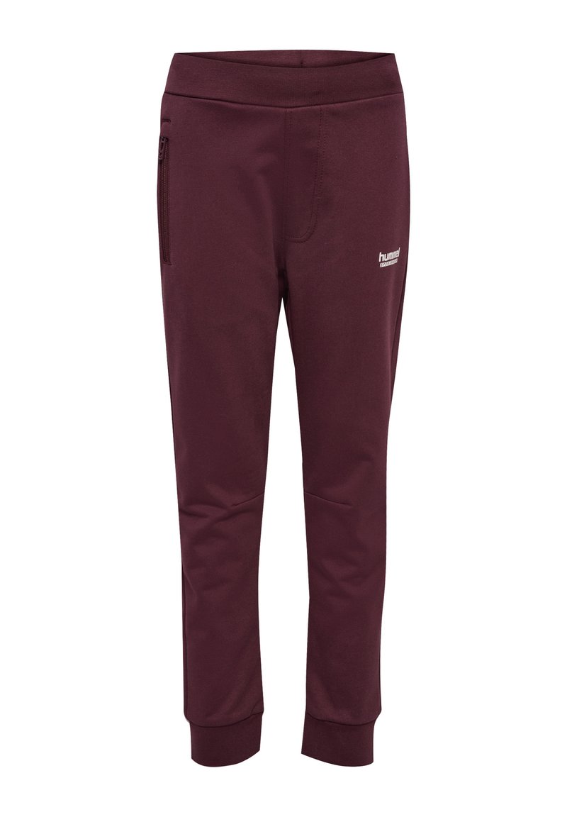 Bordowe spodnie dresowe wykonane z miękkiego materiału, z elastycznym pasem, kieszenią zapinaną na zamek z boku i dopasowanymi mankietami.