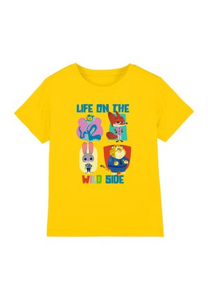 Yellow cotton t-shirt featuring colorful cartoon characters and the text "LIFE ON THE WILD SIDE" in bold letters. Short-sleeved, round neck.