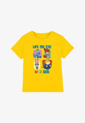 Yellow cotton t-shirt featuring colorful cartoon characters and the text "LIFE ON THE WILD SIDE" in bold letters. Short-sleeved, round neck.