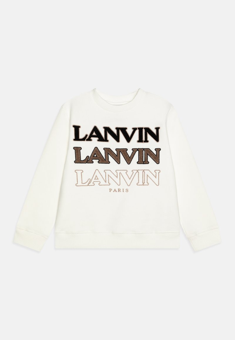 White sweatshirt featuring "LANVIN" logos in varying sizes and colors—black, brown, and beige—embroidered across the front.