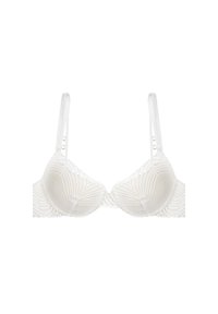 Weißer BH mit gepolsterten, geformten Cups, der über ein strukturiertes, geripptes Design und Spitzenakzente verfügt. Verstellbare Träger und Hakenverschluss auf der Rückseite.