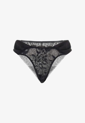 Zwarte kanten slip met bloemenpatroon, doorschijnende voorkant en een effen zwarte tailleband. Conische randen en een gladde textuur. Fijne details overal.