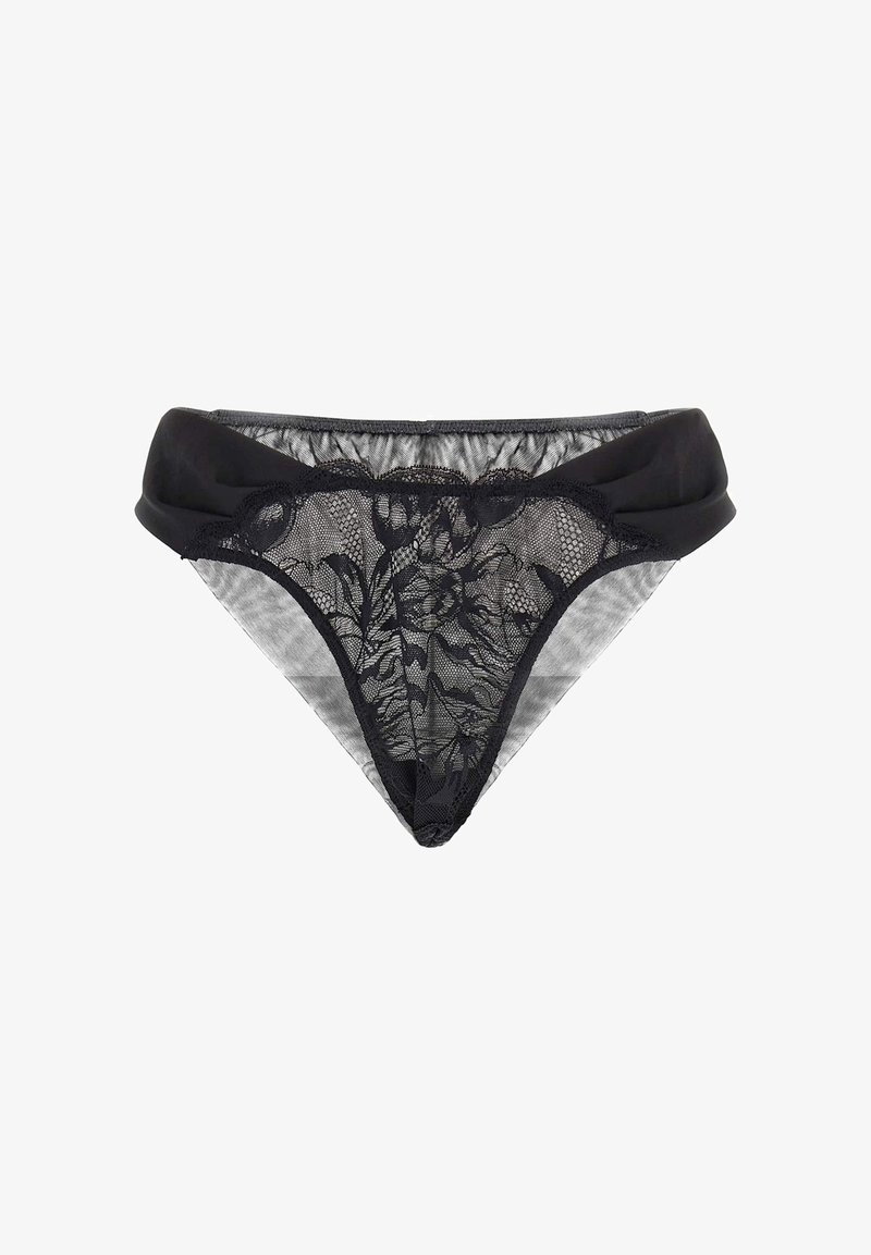 Fekete csipkebújtató virágmintával, áttetsző elülső résszel és egyszínű fekete derékrésszel. Ívelt szegélyek és sima textúra. Finom részletezéssel az egész terméken.